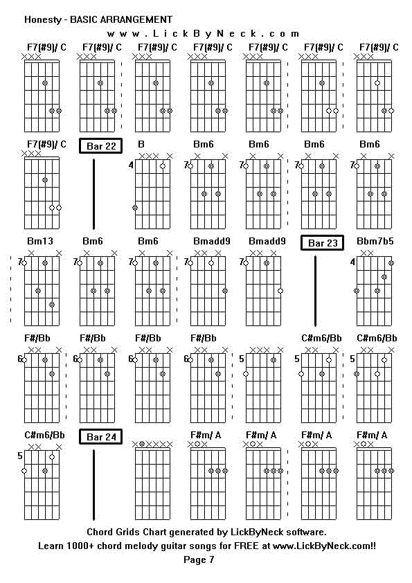 Chord Grids Chart of chord melody fingerstyle guitar song-Honesty - BASIC ARRANGEMENT,generated by LickByNeck software.